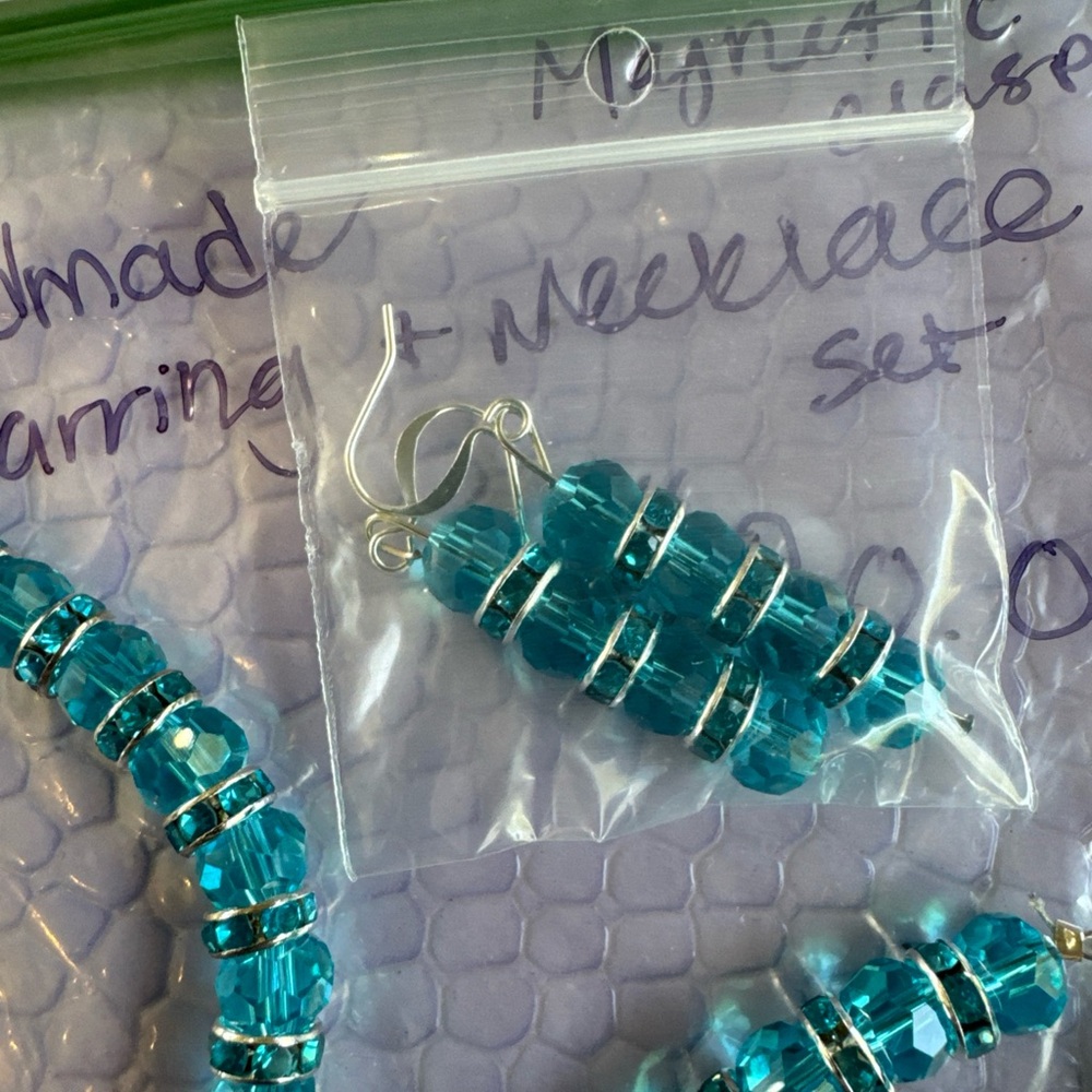 Handmade Blue Beaded Necklace Earrings and Bracelet Set - Picture 4 of 5